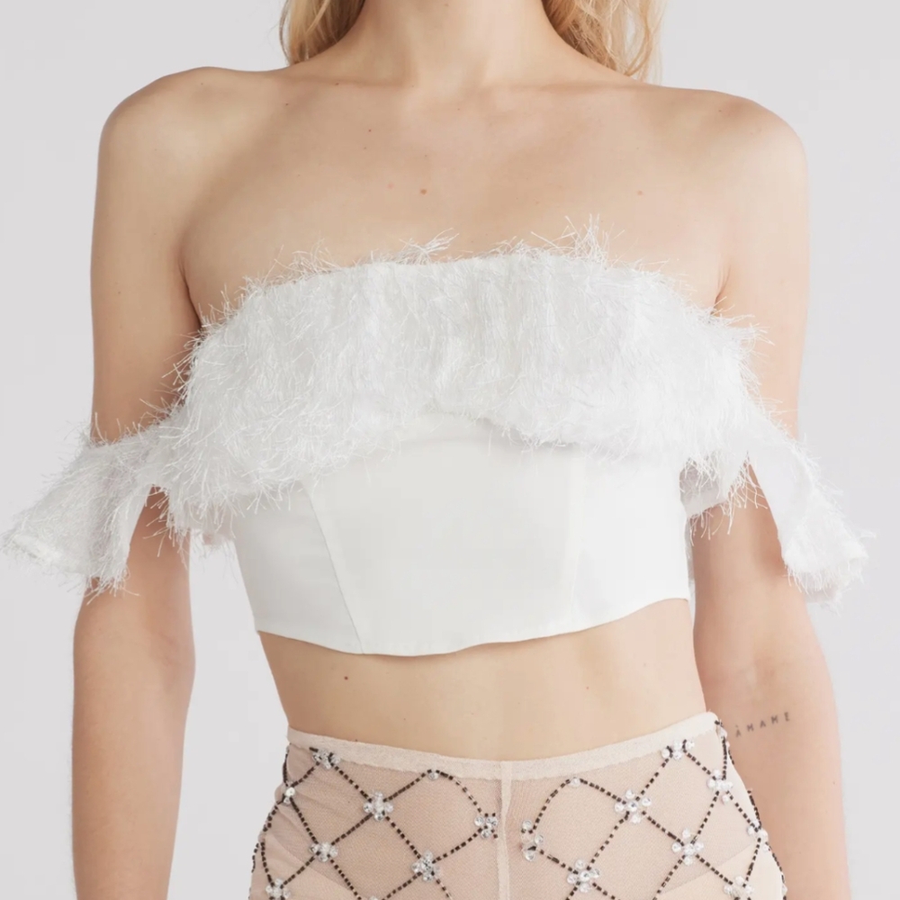 NWT SET ASOS Design Feather Trim Corset Crop Top & Diamante Mesh Flare Pant 6 US - Picture 3 of 11